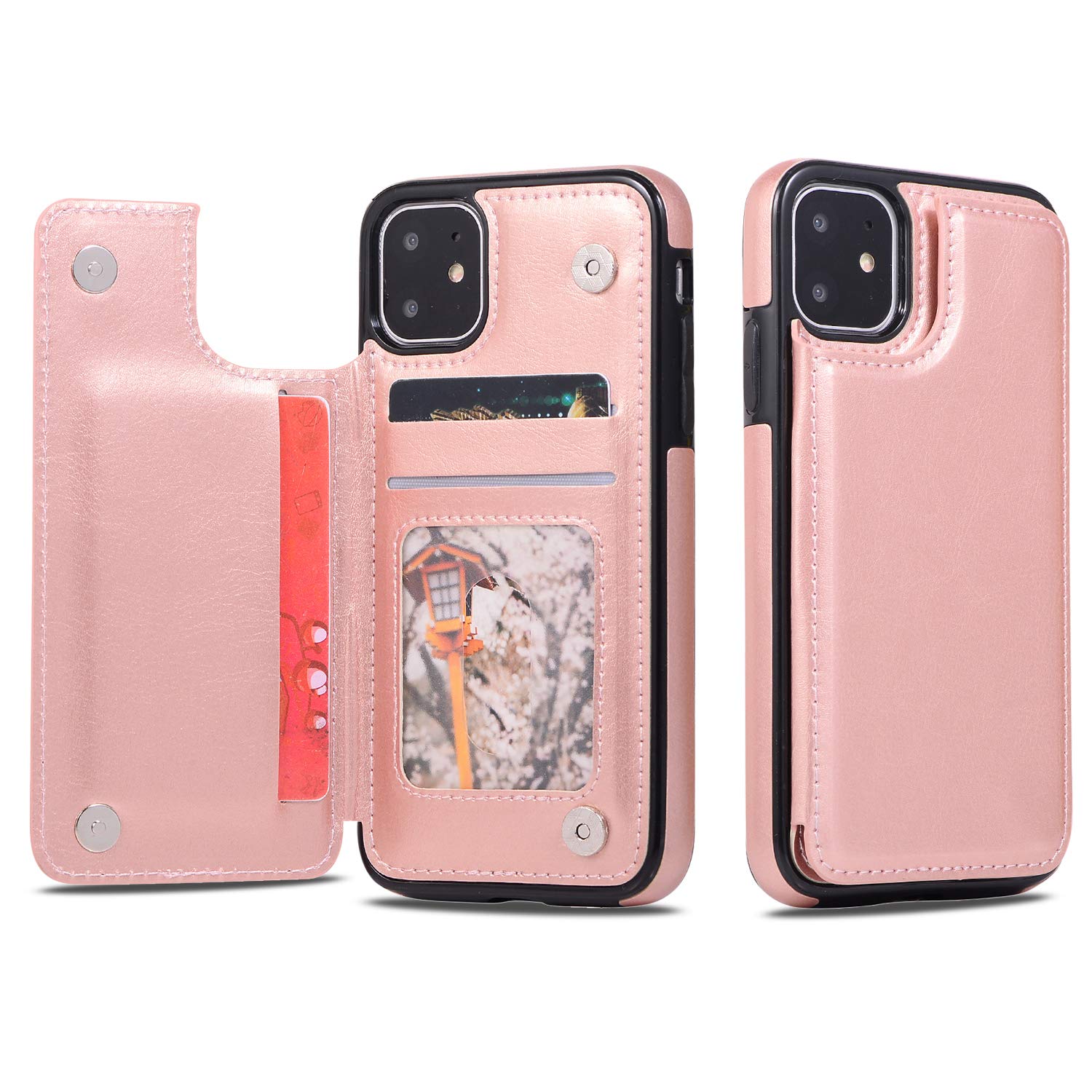 UEEBAI Case for iPhone 12 Pro Max 6.7 inch, Luxury PU Leather Case with [Two Magnetic Clasp] [Card Slots] Stand Function Durable Shockproof Soft TPU Case Back Wallet Cover - Rose Gold — image 1