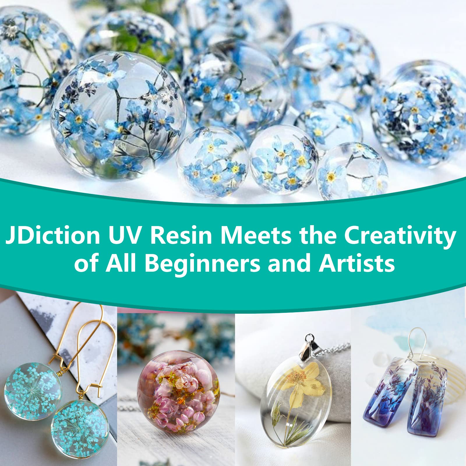 JDiction New UV Resin Kit with Light, Crystal Clear Hard Resin Sunlight Curing UV Resin Beginner Kit for Jewelry, Doming, Coating, and Casting, DIY Craft