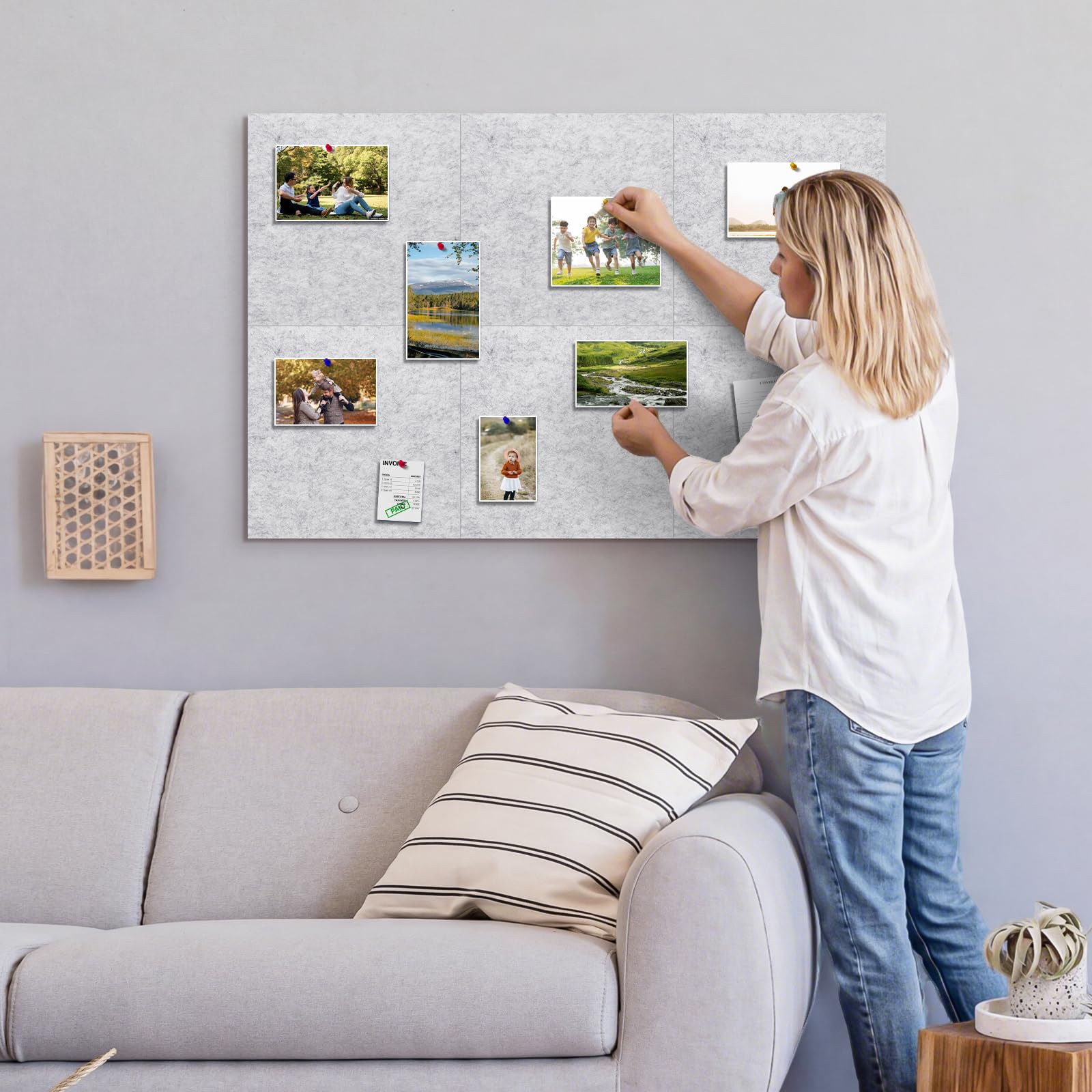 Sliandtelly Filz Pinnwand selbstklebend, 6 Stück Filzwand Korkplatte Mit 60 Pins & Abnehmbaren Klebebändern, Grau Foto Pinnwände Dicke 12mm, 60x90cm, Wandschonend Für Küche Zuhause Büro Schule