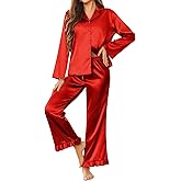 Ekouaer Silk Satin Pajamas Set Womens Long Sleepwear Button Down 2 Piece Classic Soft Loungewear Pjs Set
