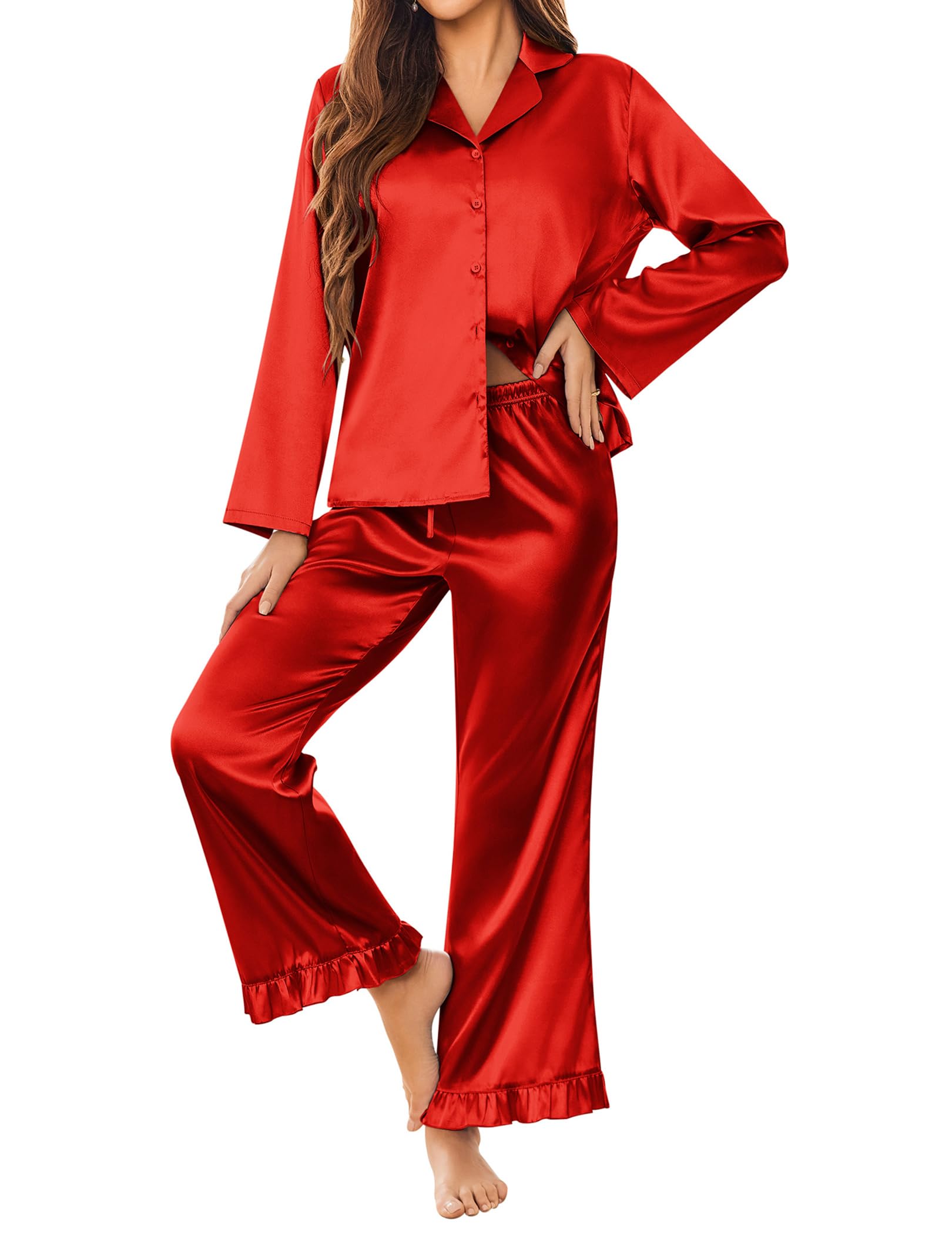 View 1 of ***ODOR *** Ekouaer Silk Satin Pajamas Set Womens Long Sleepwear Button Down 2 Piece Classic Soft Loungewear Pjs Set Red Medium