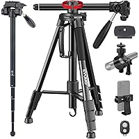 EVUMO HF3 Camera Tripod Monopod, 65'' Rotatable Horizontal Center Column Tripod Stand with Remote & Phone Mount, Compact Port