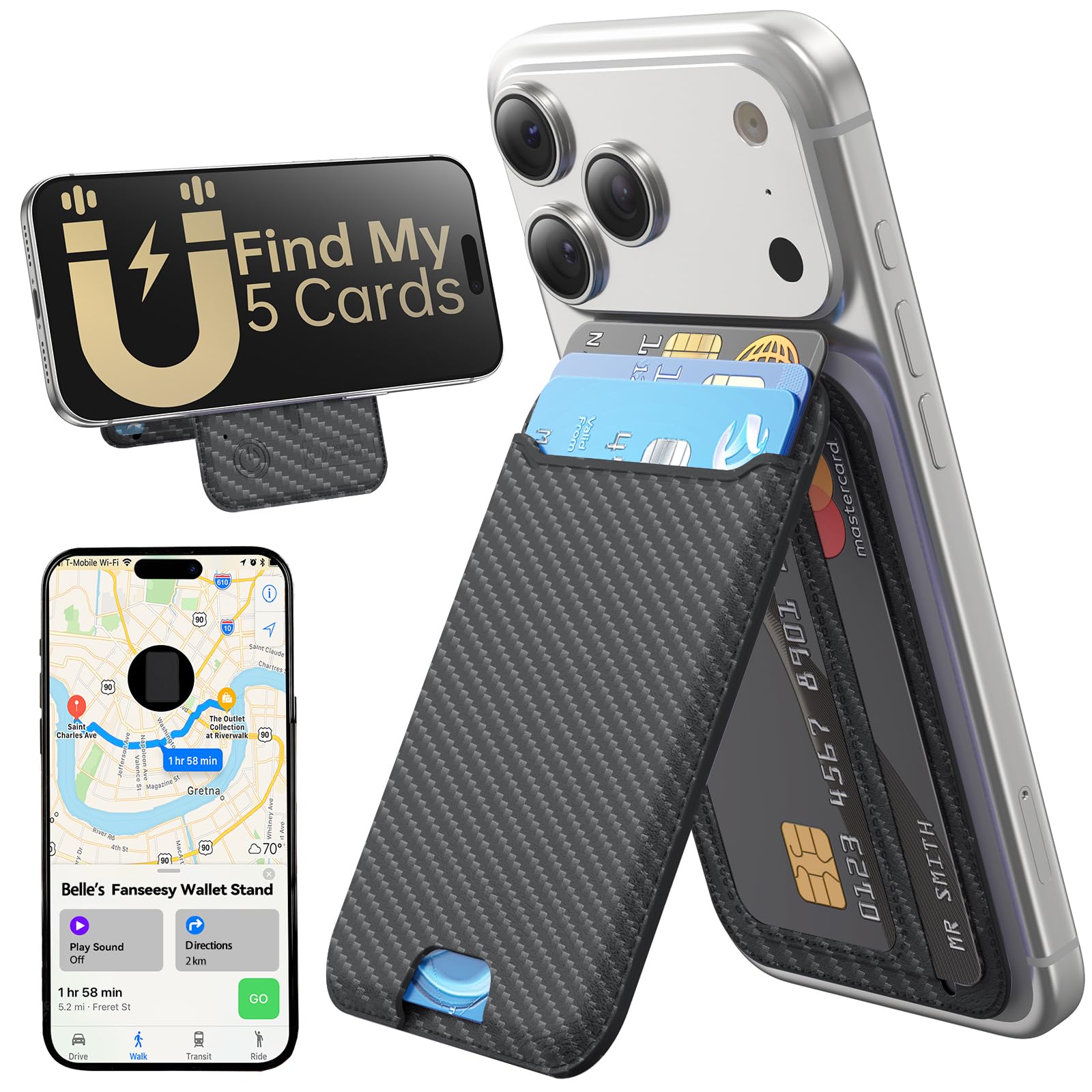 Fanseesy for MagSafe Wallet, Works with Apple Find My,5 Card Holder with Stand, Magnetic Phone Wallet Stand for iPhone 17/16/15/14/13/12 Pro Max Air Plus, RFID Blocking Vegan Leather,Carbon Fiber