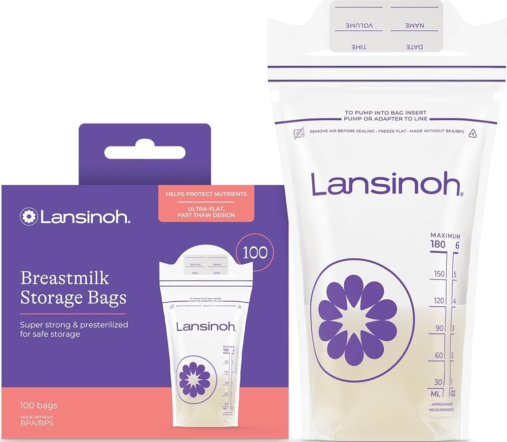 Lansinoh Breastmilk Storage Bags, 6 Ounce, 100 Count | Baby Essentials, Leak-Proof, Fast Freeze & Thaw Breast Milk Bags for B