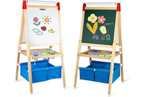 WOODENFUN Easel for Kids with Drawing Paper Roll, Learning Toy for 3-8 Years Old Boy Girls, Wooden Chalkboard & Magnetic Whiteboard & Painting Paper Stand, Gift & Art Supplies for Toddler