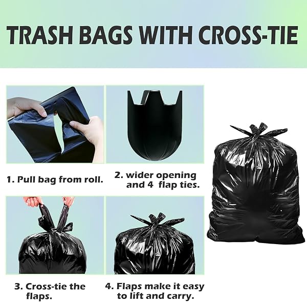 65 GALLON TRASH BAGS HEAVY DUTY 1.2 MIL 60 COUNT BULK WITH 4 INNOVATIVE FLAP TIES | COMPATIBLE WITH RUBBERMAID BRUTE 65 GALLON ROLLOUT TRASH CAN BIN | TEAR & LEAK RESISTANT BLACK