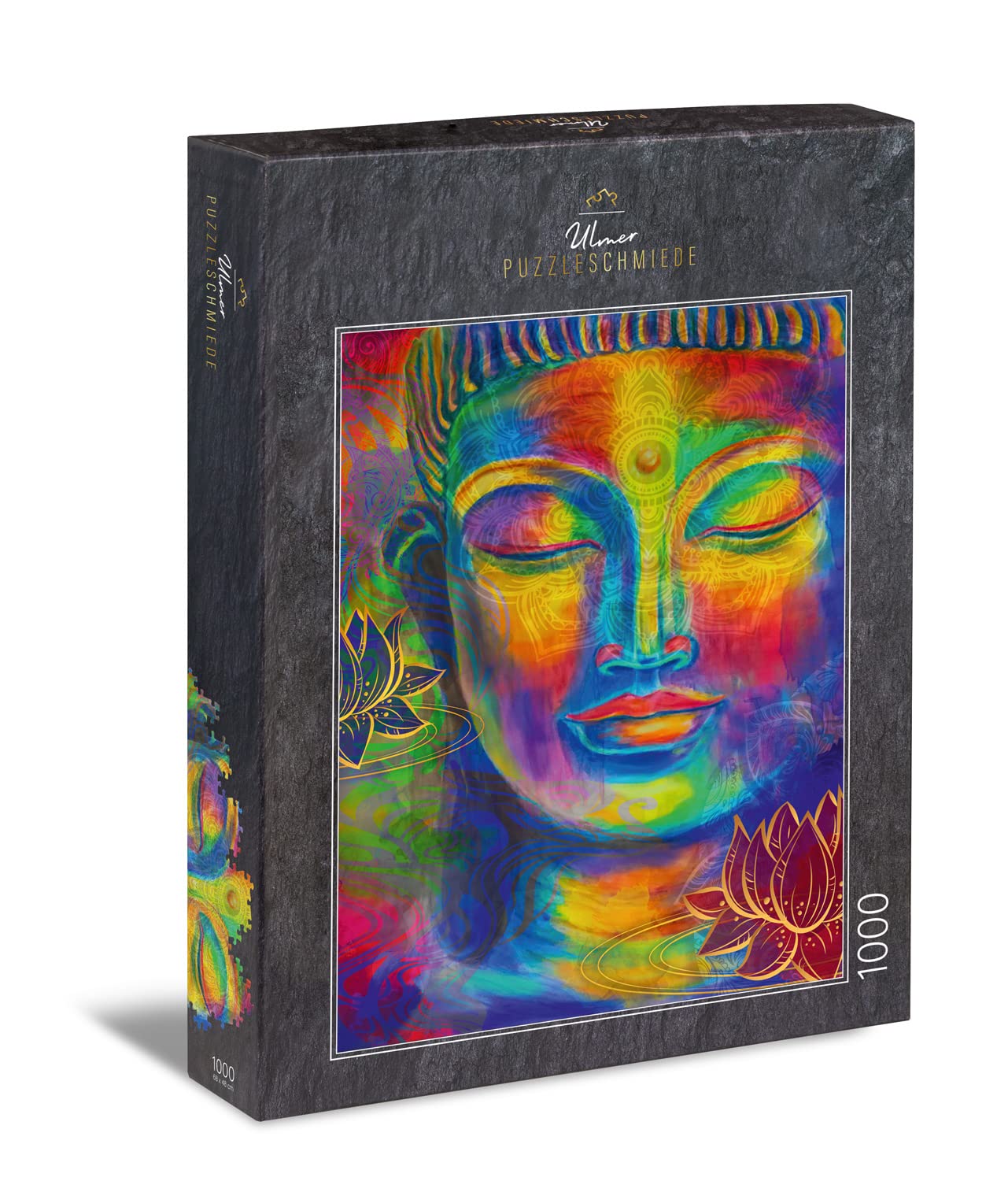 Ulmer Puzzleschmiede - "Colourful Buddha" - Classic 1000 Piece Puzzle - Colourfully Enriched Buddha Head as Aesthetic Motif - Made in Germany