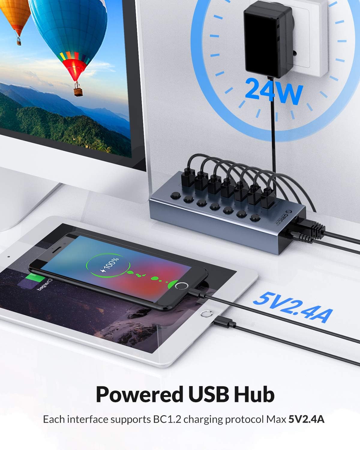 ORICO USB 3.0 Hub Powered 7 Ports USB Data Hub with Individual On/Off Switches and12V Power Adapter Support BC1.2 Charging, USB Extension for iMac Pro, MacBook Air/Mini, PS4, Surface Pro, PC, HDD: Computers & Accessories