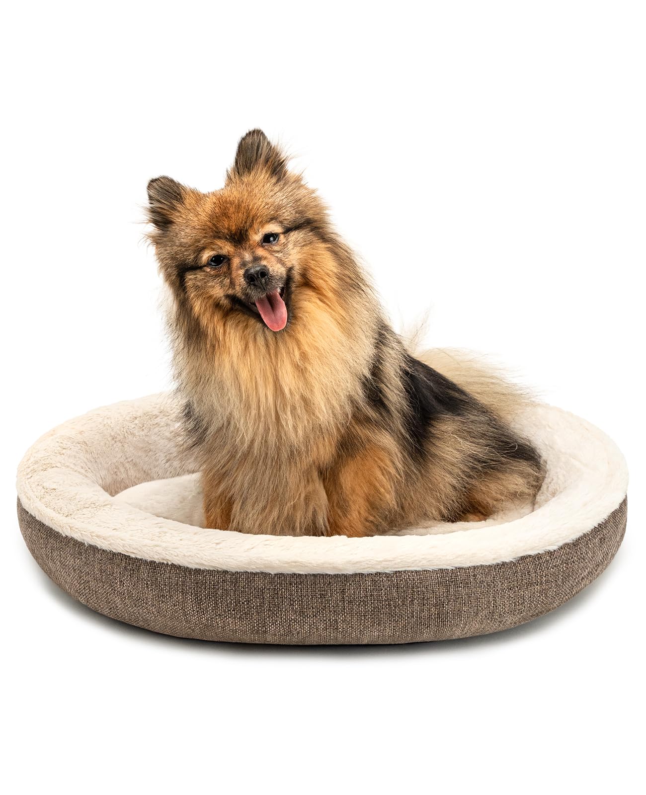 lionto Dog basket round in donut shape, Ø 55 cm, pet cushion for dogs & cats with washable cover & anti-slip nubs, cuddly dog bed made of oxford linen & plush, brown