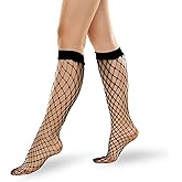 Tweruna 2 Pairs Knee Highs Fishnet Socks, Black Mid-Length Fishnet Stockings for Women, Hollow out Socks with Elastic Mesh Net Sock