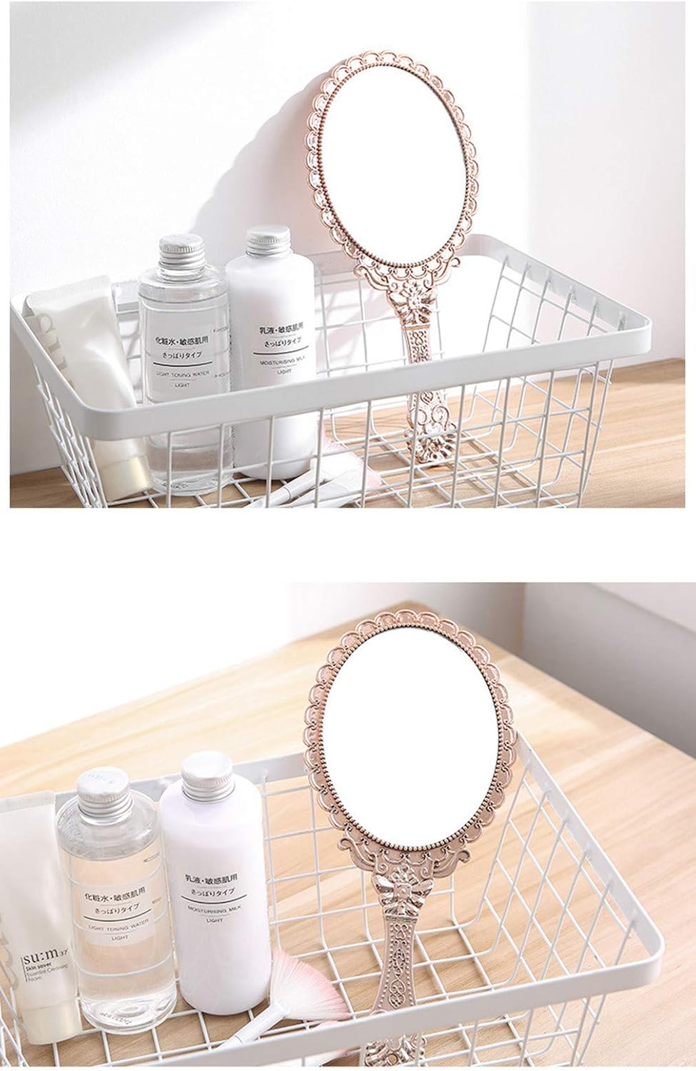 Dzrige Handheld Mirror Vintage Pattern Handle Makeup Mirror Hand Held Travel Mirrors Personal Cosmetic Mirror with Powder Puff (Pink): Kitchen & Dining