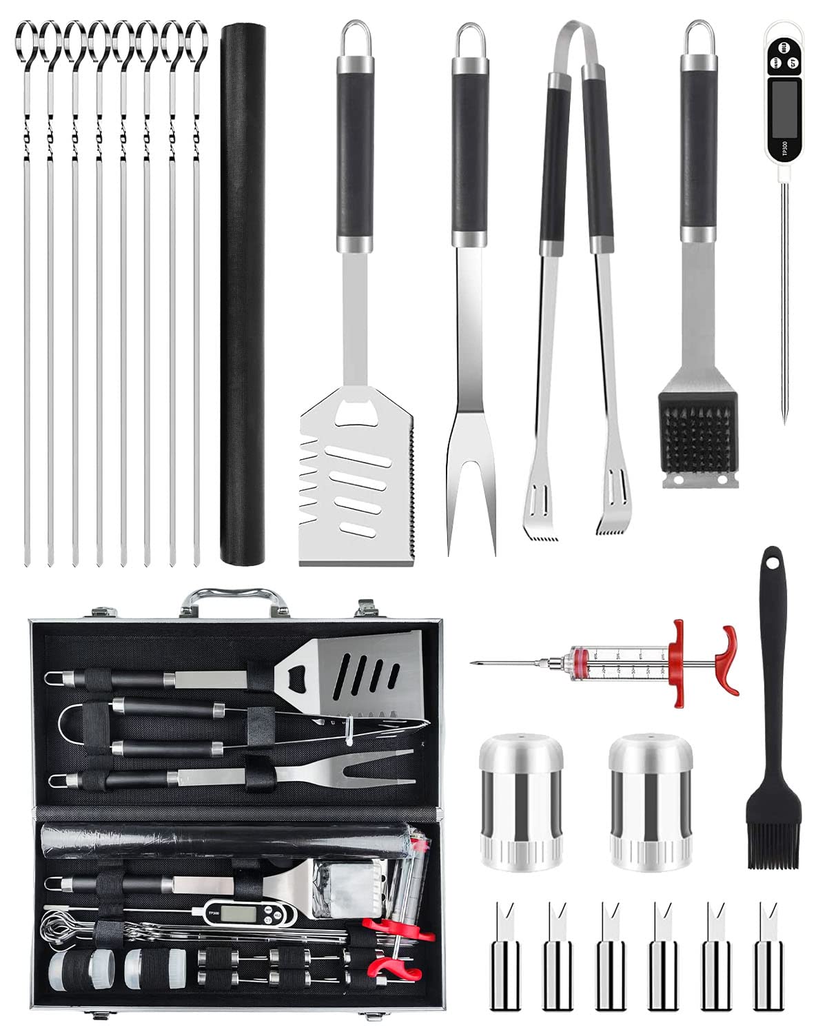 Trongle BBQ Tools Set, 26pcs Stainless Steel bbq set BBQ Accessories Set With Heat Resistant Handle, Case, BBQ Grill Mats, Premium Camping BBQ Utensil Set, Set Man Woman, Father's Day, Black (JOF-I4)