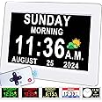 Véfaîî 【2025 New】 Digital Clock with Day Date for Elderly, 19 Alarms Custom Reminders, 10-Level Auto Dimmer Dementia Clock, 8 Display Colors, Auto DST, Adaptor Included & HD Picture Frame