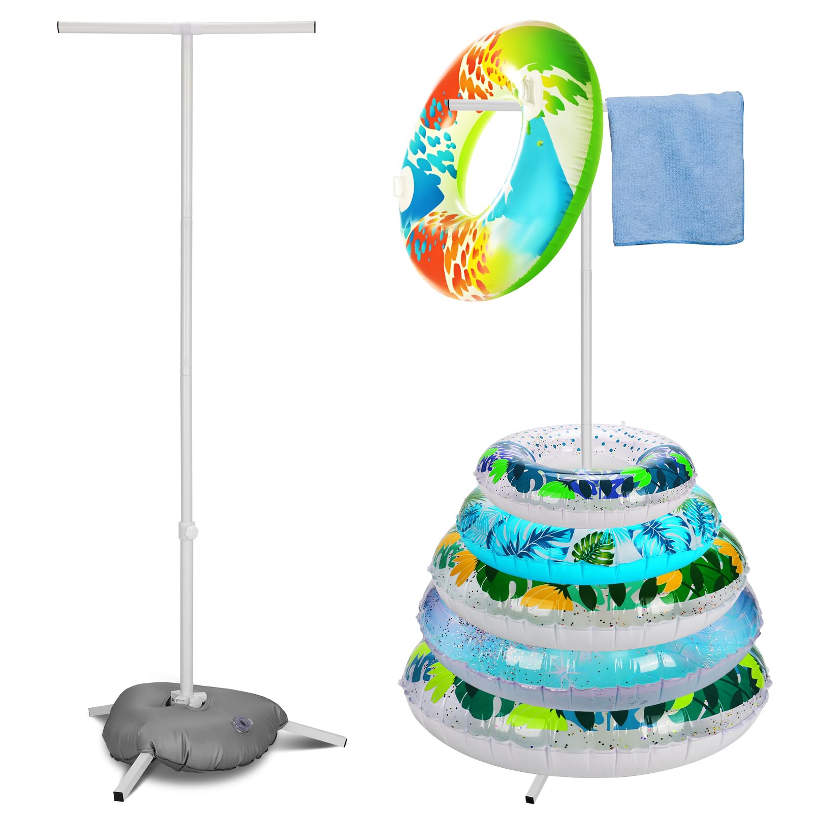 Photo 1 of Outink Pool Float Storage Rack, Metal Adjustable Pool Float Towel Holder with Water Weight Bag, Pool Float Storage Organizer for Swimming Pool Beaches Outdoor Storage