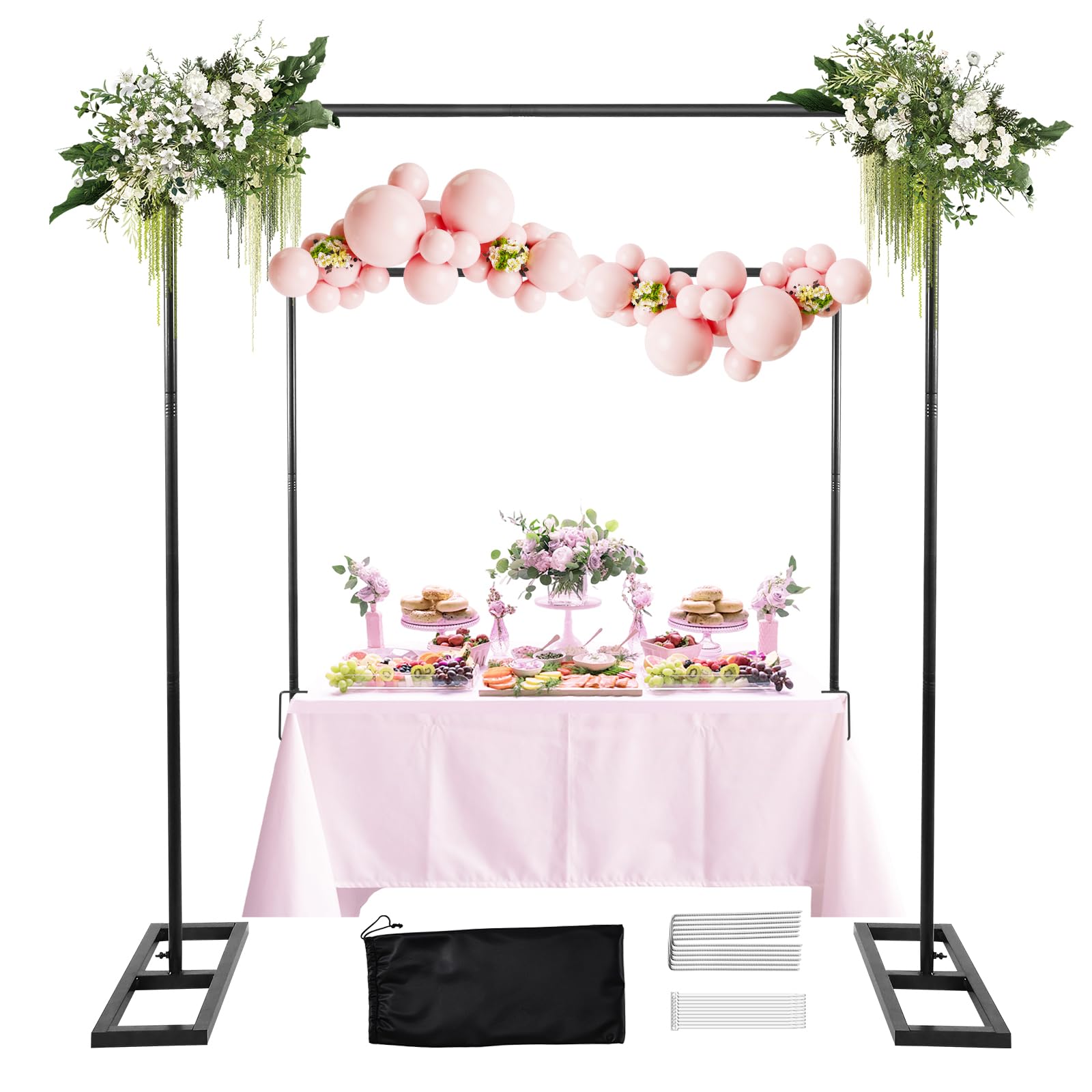 Photo 1 of WellSign 8.2FT Square Wedding Arch, Metal Black Heavy Duty Balloon Arch Adjustable Stand, Photoshoot Backdrop Stand Kit, Change Over The Table Rod Stand with Clamps for Baby Shower Party