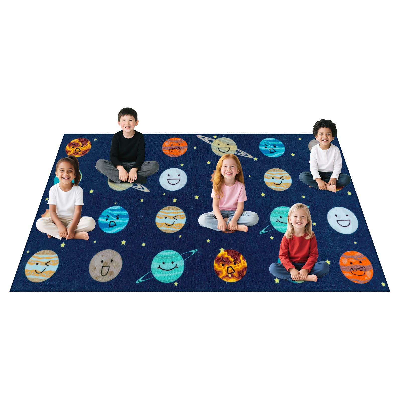 Photo 1 of STARUIA Planet Smiley Face Classroom Rug, Washable Educational Area Rug for Kids Room Seating Décor, Non-Slip Classroom Carpet Play Carpet for Teaching and Playroom, Seats 24, 7'5"x13', Blue