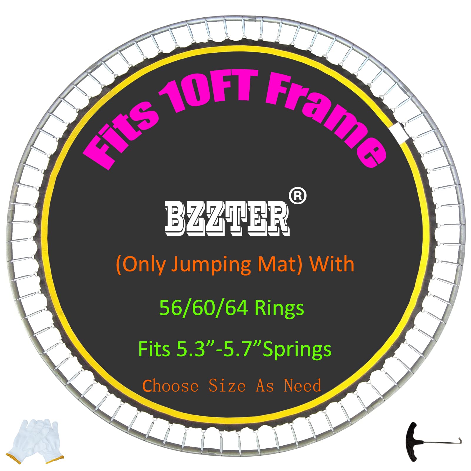 Photo 1 of Bzzter Trampoline Replacement Mat 10ft?Trampoline Mat Fit 10ft Frame with 60 Rings 102.8 Inch Diam Match 5.3-5.7 Inch Spring, Without Frame and Springs(Only Trampoline Mat), w/Spring Tool and Gloves