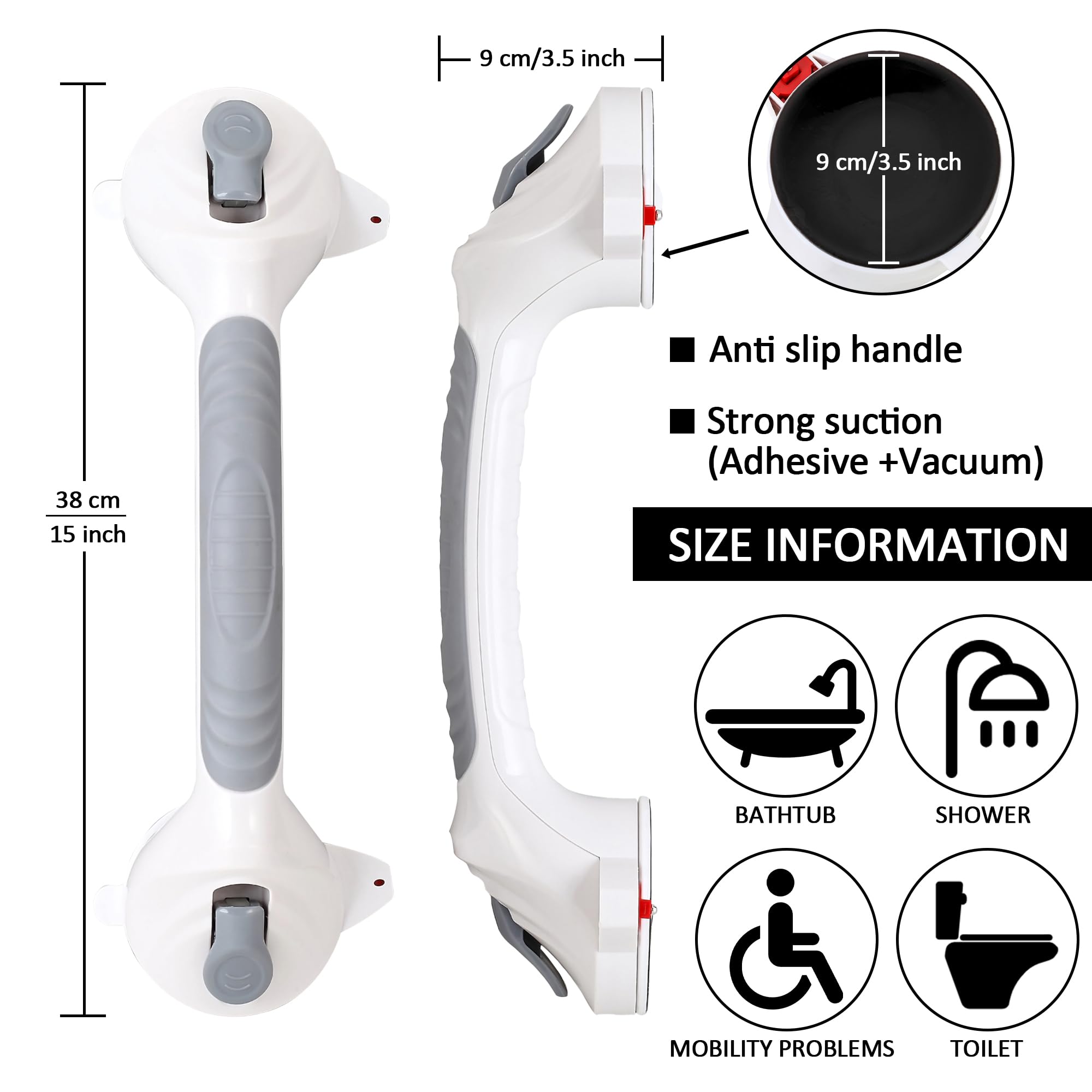 Rackickyer Grab Bars for Bathtubs and Showers, 2 Pack 15 Inch Shower Handles, Strong Suction Grab Bar for Shower, Anti-Slip Shower Grab Bars for Seniors, Bathroom Handicap Grab Bars with Indicators