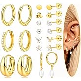 18K Gold Plated Earrings for Women, 10 Pairs Hypoallergenic Flat Back Earrings for Women, Surgical Steel Earrings Cartilage Stud Hoop Earring for Women Trendy Earring Stacks