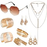 Fumwase 8PCS 70s Gold Disco Accessories Set for Women Earrings Layered Necklace Bracelets Glasses Arm Cuff