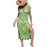CUPSHE Crochet Cover Ups for Swimwear Women Cap Sleeve Hollow Out Swim Coverup Beach Midi Dress Spring Green, M