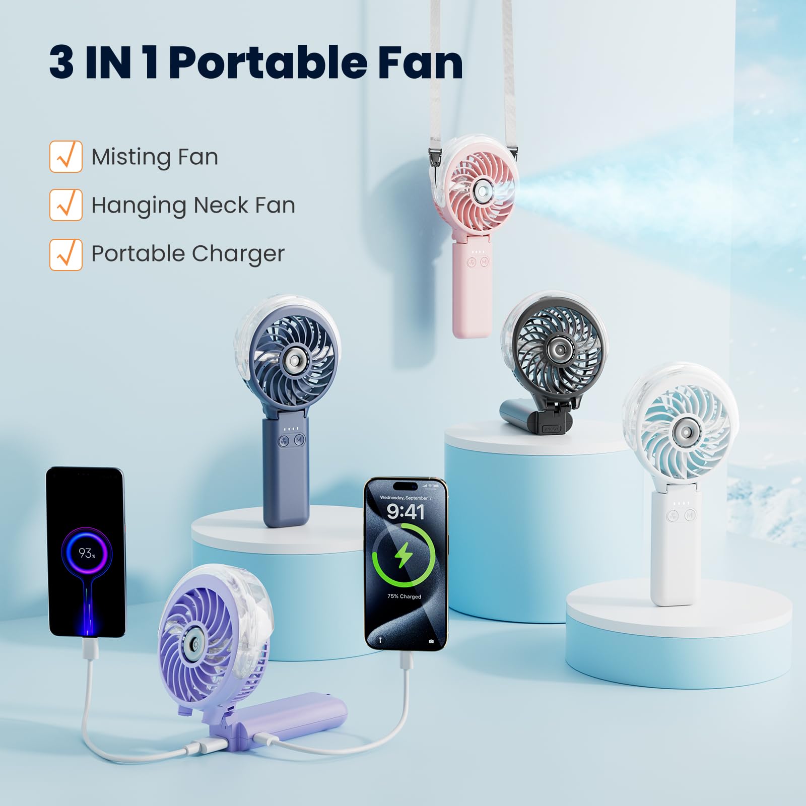 HandFan 5200mAh Upgraded Handheld Misting Fan, Portable Mister Fan Rechargeable, Spray Water Mist Fans, Electric Hand Cooling Ice Fans for Summer Beach Travel Concerts, Gifts for Women(Royal Blue)