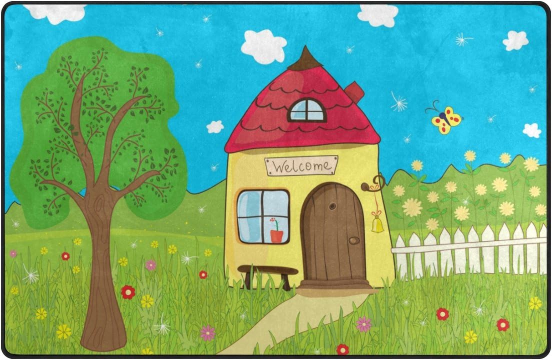 Amazon De Alaza Cartoon Haus Mit Garten Baum Und Blumen Bereich Teppich 3 3 X 5 Wohnzimmer