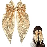 Gold Glitter Hair Bow Clip for Women Girls Big Christmas Bow Hair Clips Gold Cosplay Christmas Hair Accessories for Girls Women Sparkly Long Tail Hair Bow Clips Cute Christmas Hair Bow Barrette Bling