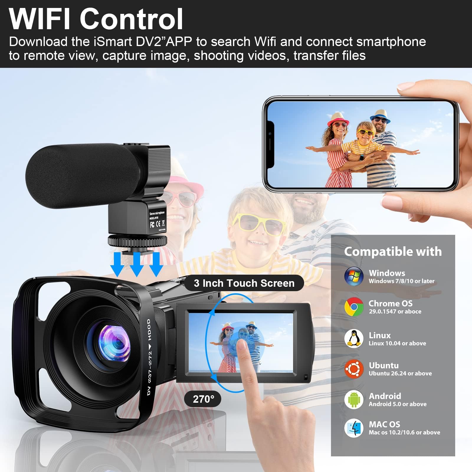 5K Video Camera Camcorder 48MP Wifi IR Night Vision Vlogging Camera,16X Digital Zoom Touchscreen Camera, 6Axis Anti-Shake with External Microphone, Lens Hood, Stabiliser, Remote Control &2 Batteries