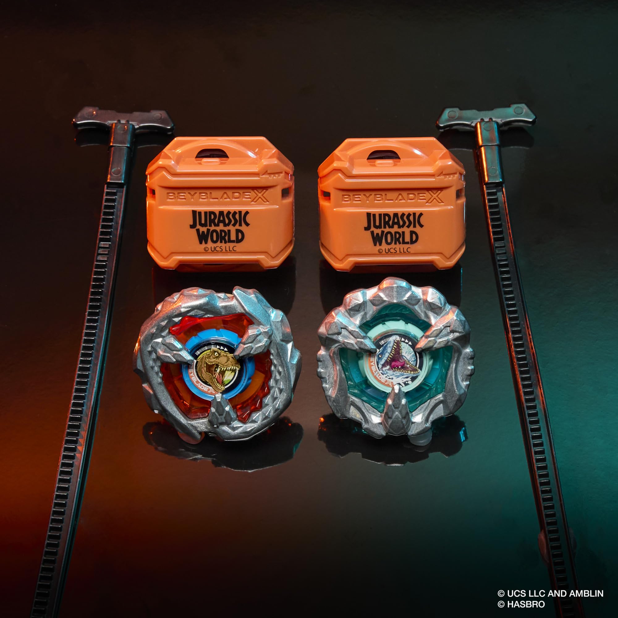 Beyblade X Jurassic World Collab T. Rex vs. Mosasaurus Multipack Set, 2 Takara Tomy Tops, 2 launchers, Battling Top Game, Dinosaur Toys, Ages 8+