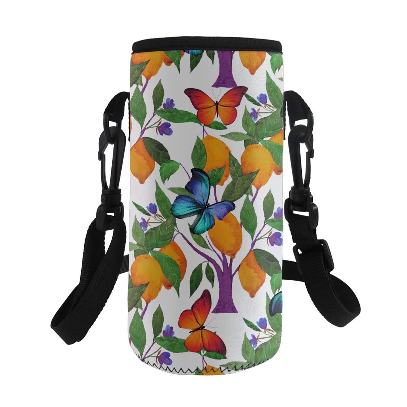 COEQINE Neoprene Water Bottle Holder Print Lemon Butterfly for Kids Adult Adjustable Shoulder Strap,Hiking Walking School Bottle Carrier Bag Case Pouch Cover for Stainless Steel or Plastic Bottles
