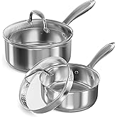Stainless Steel Saucepan Set with Strainer Glass Lid, 1-Quart and 2-Quart Tri-Ply Capsule Bottom Sauce Pan/Pot, Two Pour Spout, Dishwasher and Oven Safe