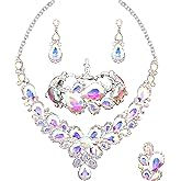 QYJ Women's Wedding Bridal Austrian Crystal Glass Teardrop Statement Necklace Dangle Earrings Bracelet Ring Wedding Party Jewelry Set for Bridal Bridesmaid