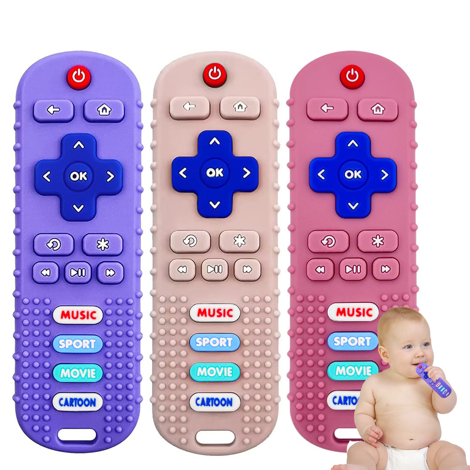 Photo 1 of ***SEE CLERK COMMENTS*** MACLUD 3 Pack Baby Teething Toys, Remote Control Teether for Teething Relief, Silicone Chew Toy for Infants 3-12 Months with Easy to Clean(Pink&Khaki&Purple)