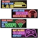 4 Pcs Neon Gaming Decor Wooden Video Game Wall Art Print 11.8 X 3.2 Inch Neon Video Game Posters Hanging Sign for Room Bedroom Playroom Decorations
