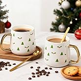 Potchen 2 Pcs Holiday Mugs Set Gift for Couple Parents, Coffee Cup with Golden Handle and Spoon, 10 oz Ceramic Tea Hot Cocoa Cups Gift for Family Home Kitchen Decor(Christmas Berries)
