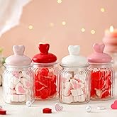 Qinyoung 4 Pcs 16 oz Valentine's Day Glass Candy Jars Clear Valentines Containers with Ceramic Heart Lid Cute Decorative Storage Jars for Cookie Chocolate Nut(Pink,Red,Rose,White,Classic Heart)