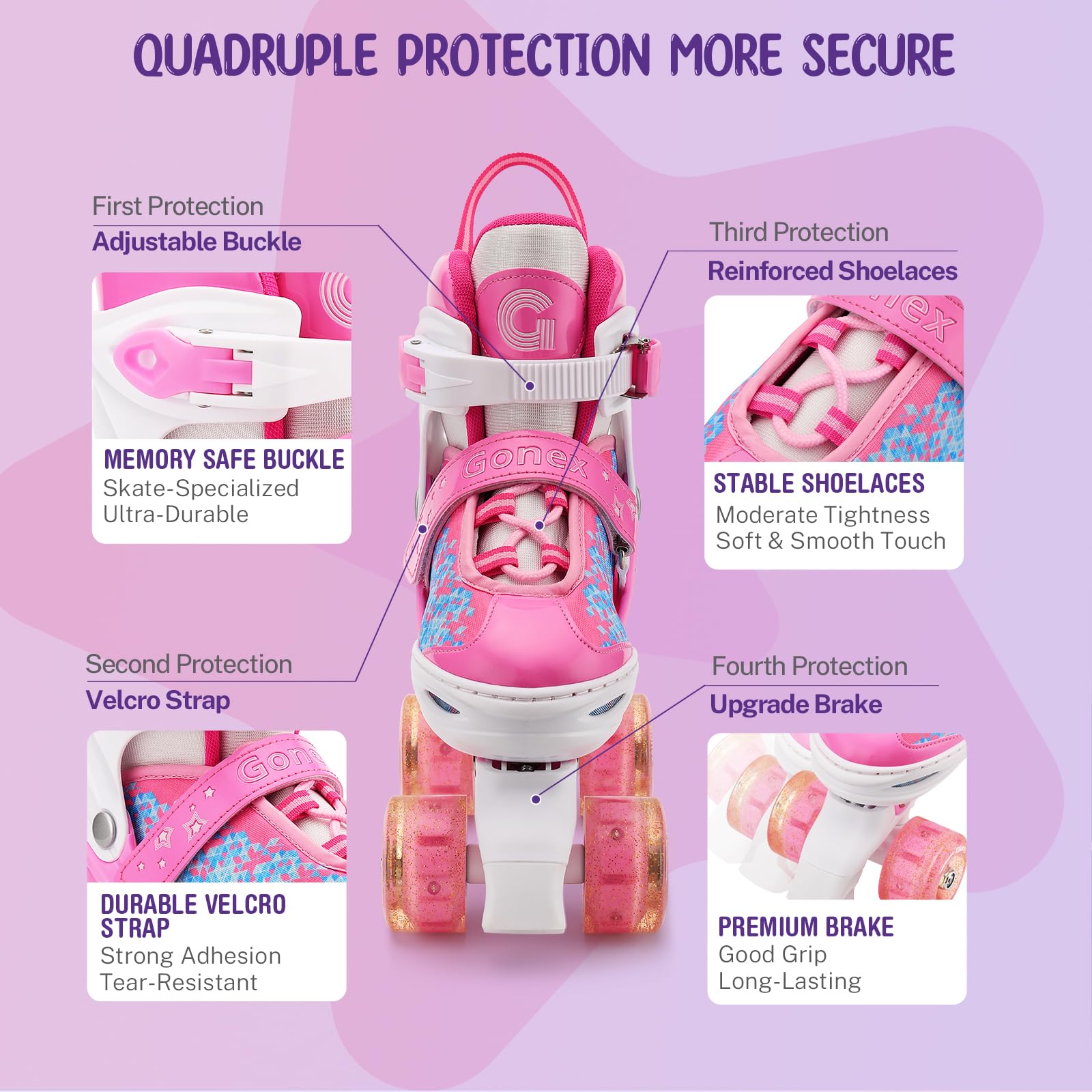 Gonex Verstellbar Rollschuhe, Leuchtenden Rädern Roller Skates für Mädchen Jungen Kinder Erwachsene (S (31-34) EU, ROSA) 3