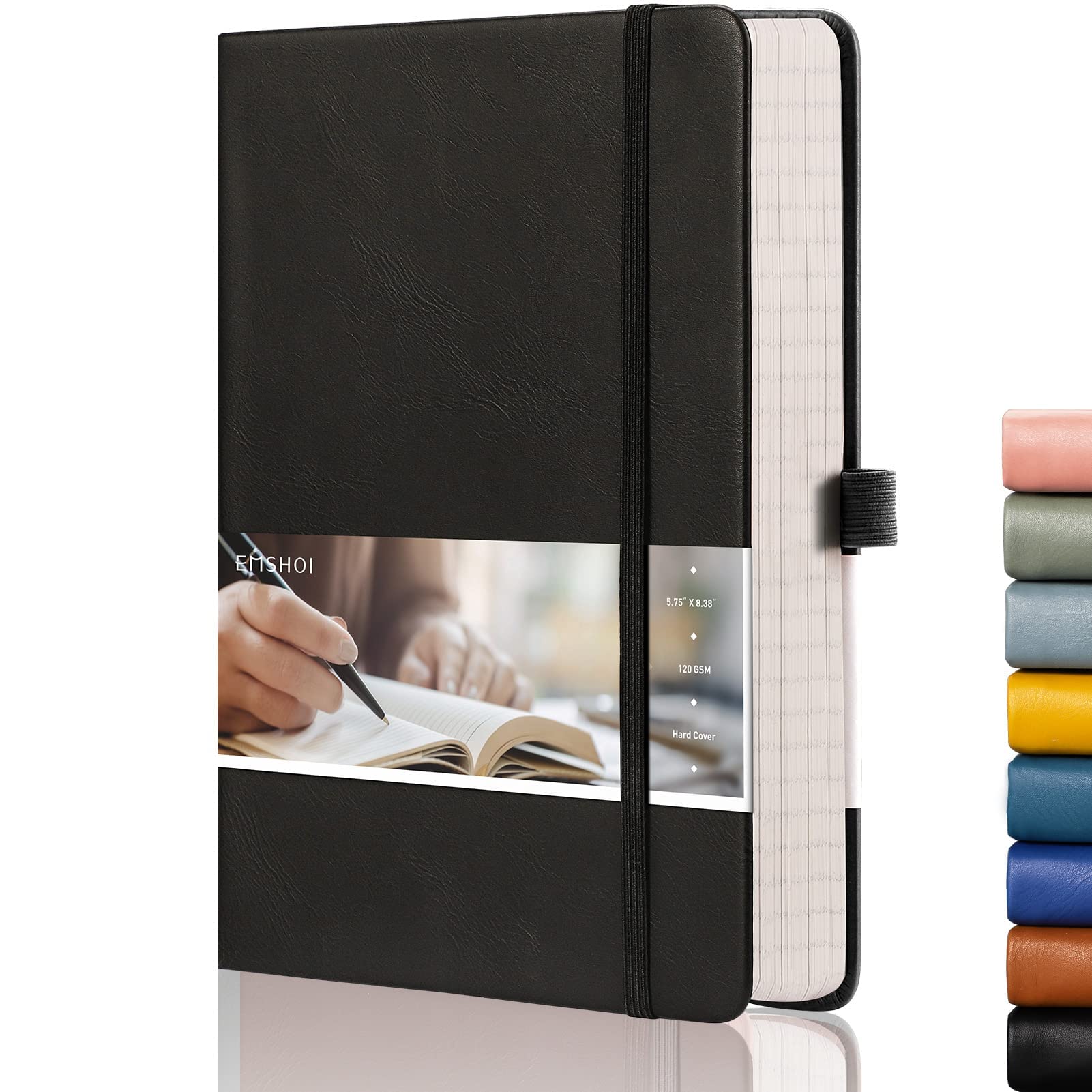 EMSHOI A5 Notebook - 21.4 x 14.5 cm Lined Journal with 256 Numbered Pages, 120gsm Thick Paper, Sticky Notes, 8 Perforated Sheets, Hardback Vegan Leather Notepad for Women Men Writing - Black