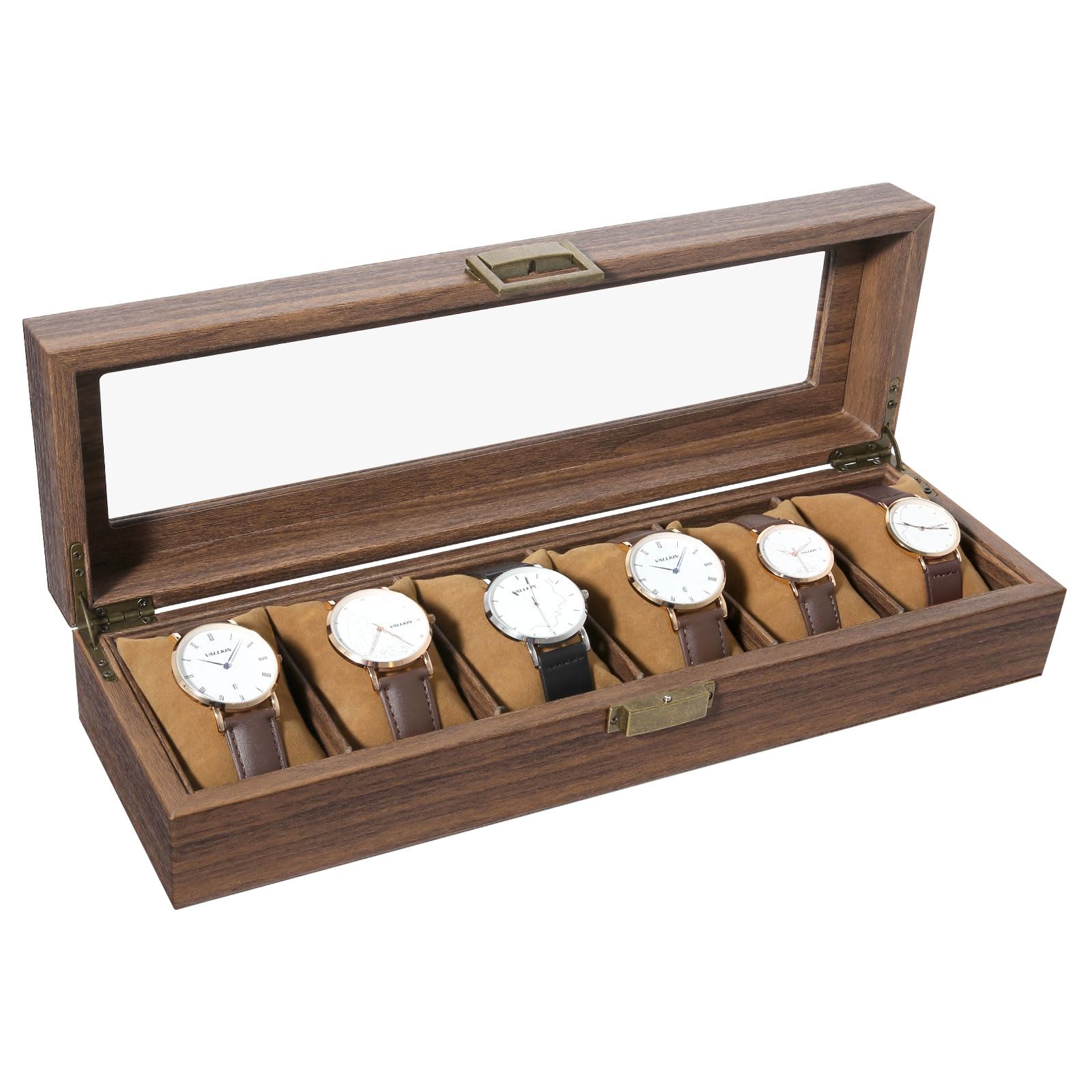 Photo 1 of Uten Watch Box 6 Slots, Watch Case Organizer with Real Glass Lid, Wood Grain PU Leather Watch Display Storage Box with Removable Imitation Suede Watch Pillows, Metal Clasp