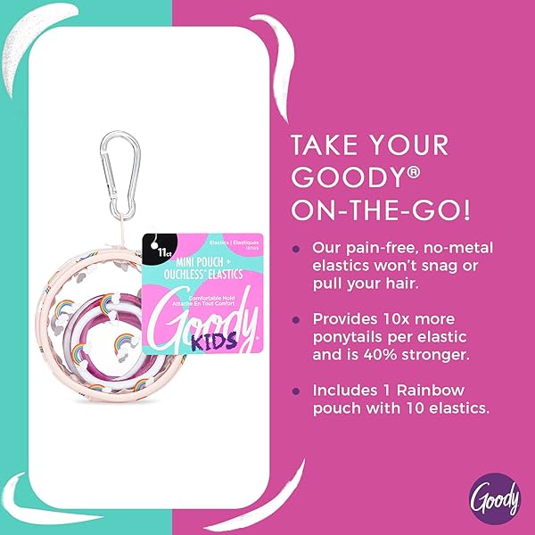 GOODY KIDS OUCHLESS ELASTICS WITH MINI POUCH, FOR ALL HAIR TYPES – ACCESSORIES FOR WOMEN AND GIRLS – PERFECT FOR LONG LASTING BRAIDS, PONYTAILS AND MORE, PEACH RAINBOW, 11 COUNT