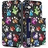 IWONE Compatible for Samsung Galaxy S24 & S25 Case Cute with Card Holder/Slim Wallet Phone Cover for Women/Colorful Doodle Paws Dog Craws Footprints Animal Watercolor