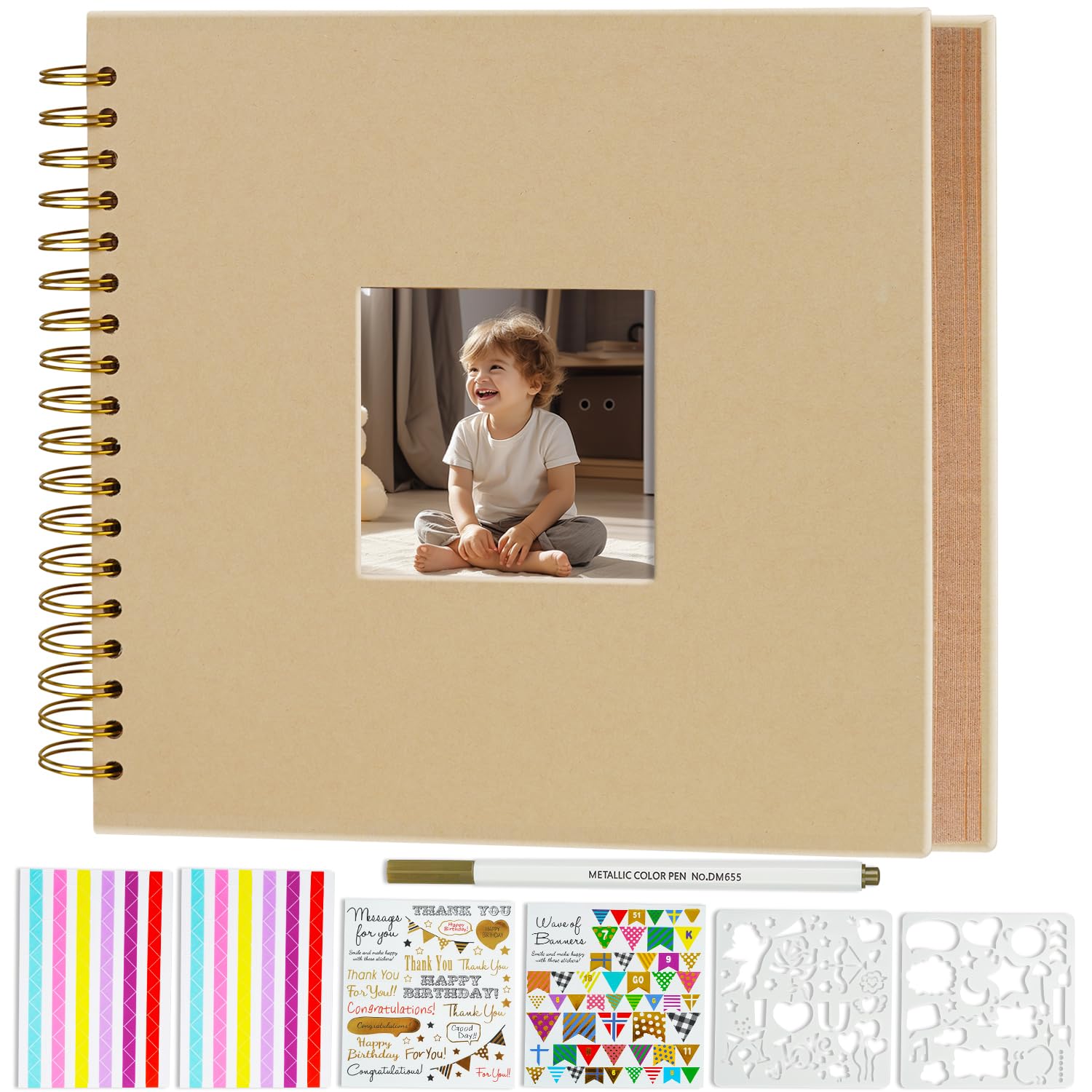 Miaikoe 25.5x25.5 cm DIY Scrapbook Album with Window Hardcover Kraft Blank Paper Scrap Book with 20 Sheets Photo Album for Guest Book, Family Wedding Anniversary (Brown)