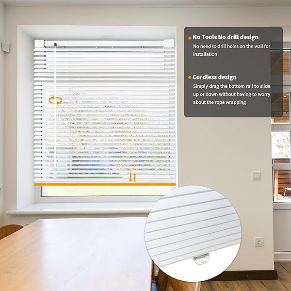 AURILOFT NO TOOLS NO DRILL CORDLESS MINI BLINDS 28″ WX 48″ H, 1″ L-SHAPED BLADES, HORIZONTAL VINYL BLINDS FOR INDOOR WINDOWS, WHITE