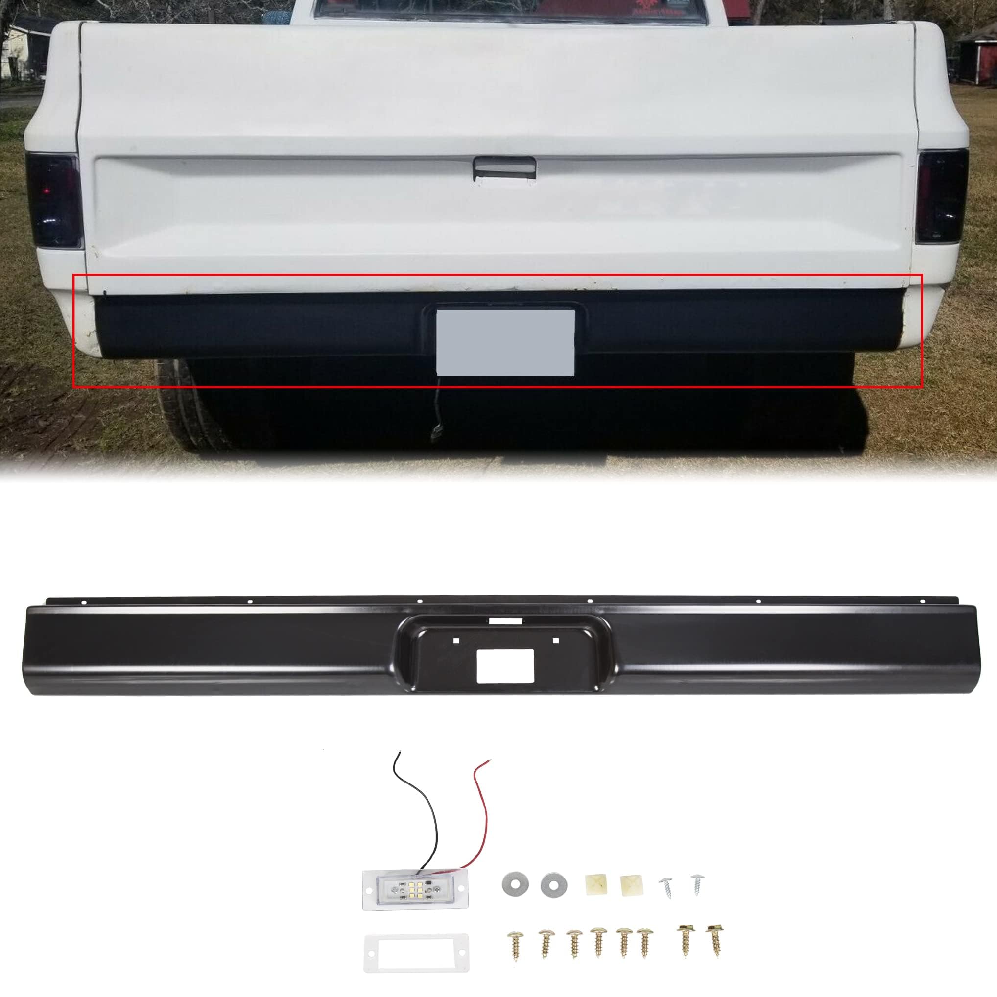 Photo 1 of ECOTRIC Rear Roll Pan License Plate Compatible with 1973-1987 Chevy GMC C10 C20 C30 K10 K20 K30 Fleetside Styleside Bed W/Light 18 Gauge Steel