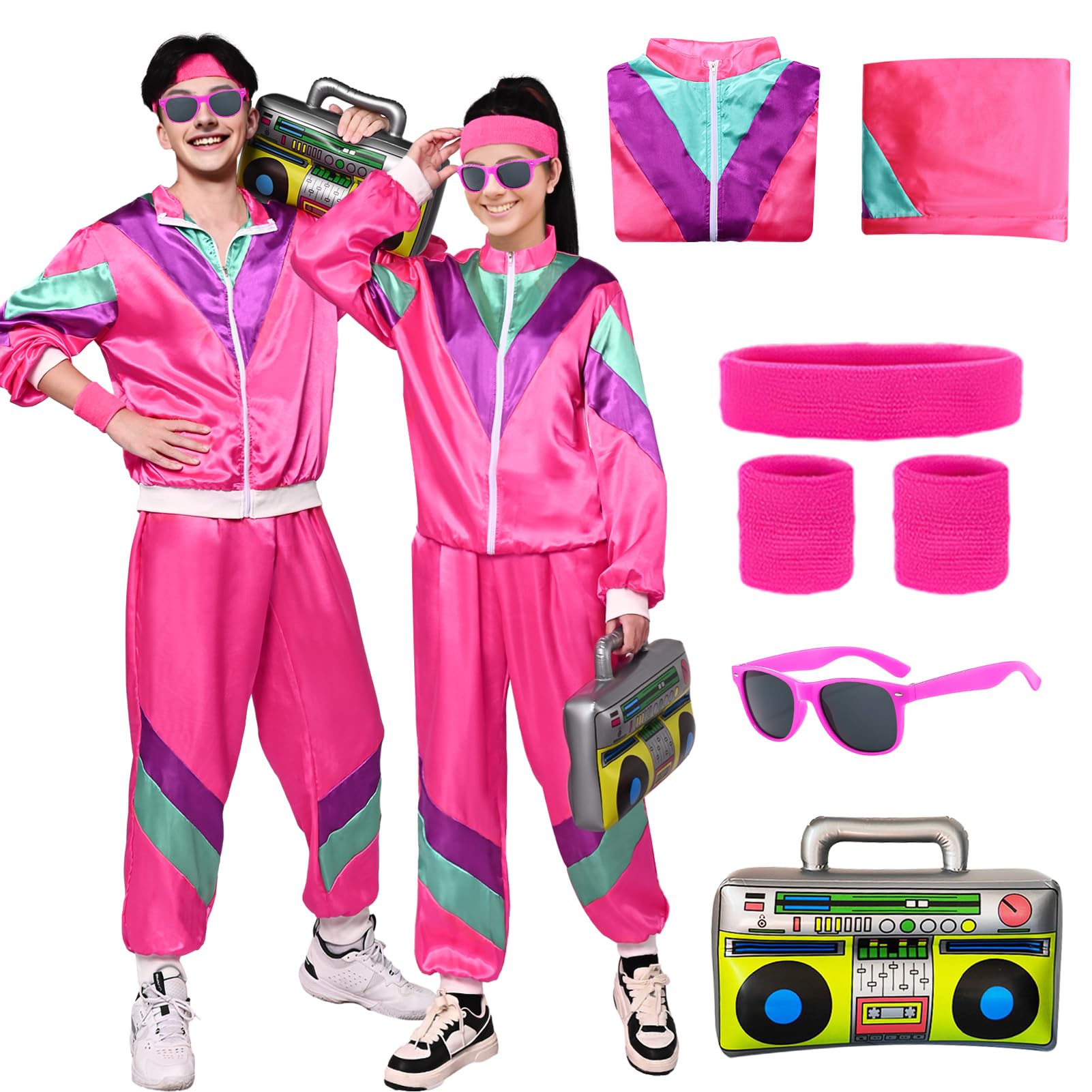HarnyLoom 80s 90s Fancy Dress Costume Women Men Adults, Shell Suit Rave Tracksuit Outfit Retro Jacket Hip Hop Rapper Disco Neon Accessories Carnival Halloween Party (Rose, XL)