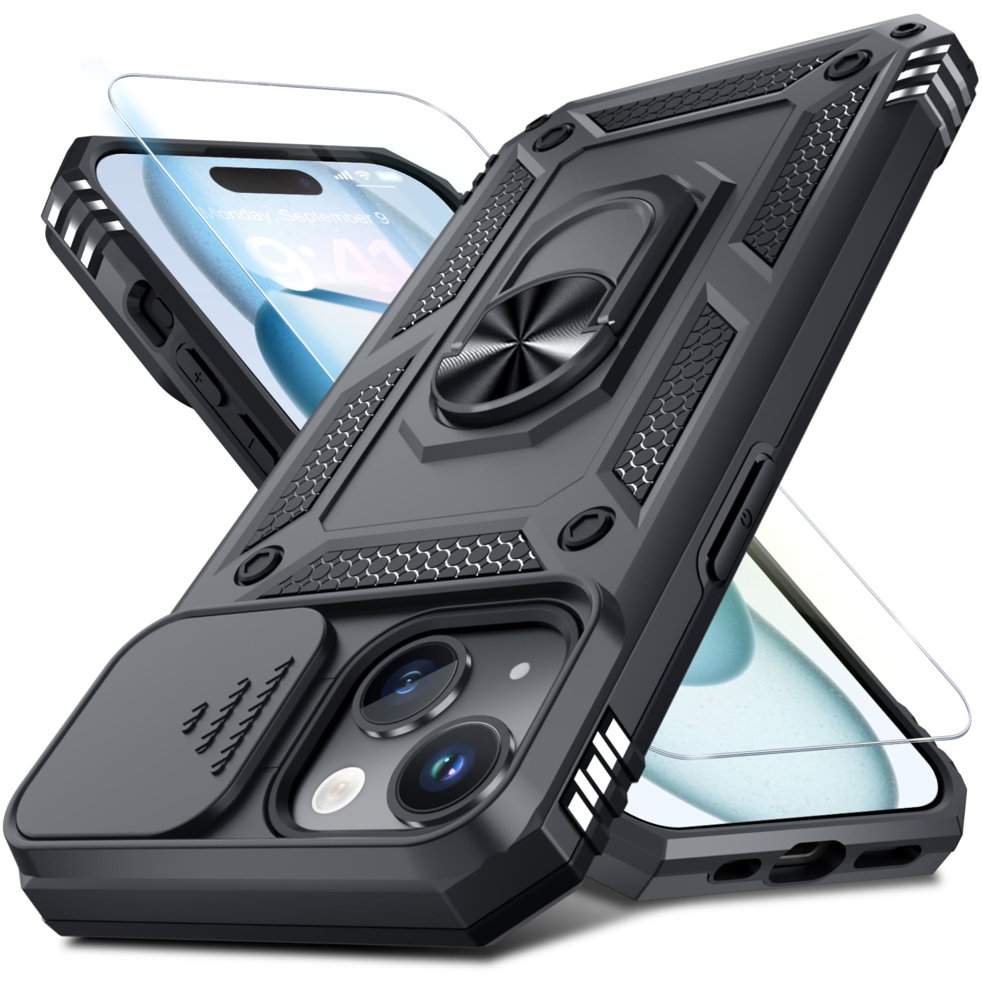 Photo 1 of Janmitta Case for iPhone 16e Phone Cover Built in Slide Camera Lens Cover+Screen Protector,Heavy Duty Shockproof Full Body PhoneCase with Finger Ring Holder Kickstand,2025 Black