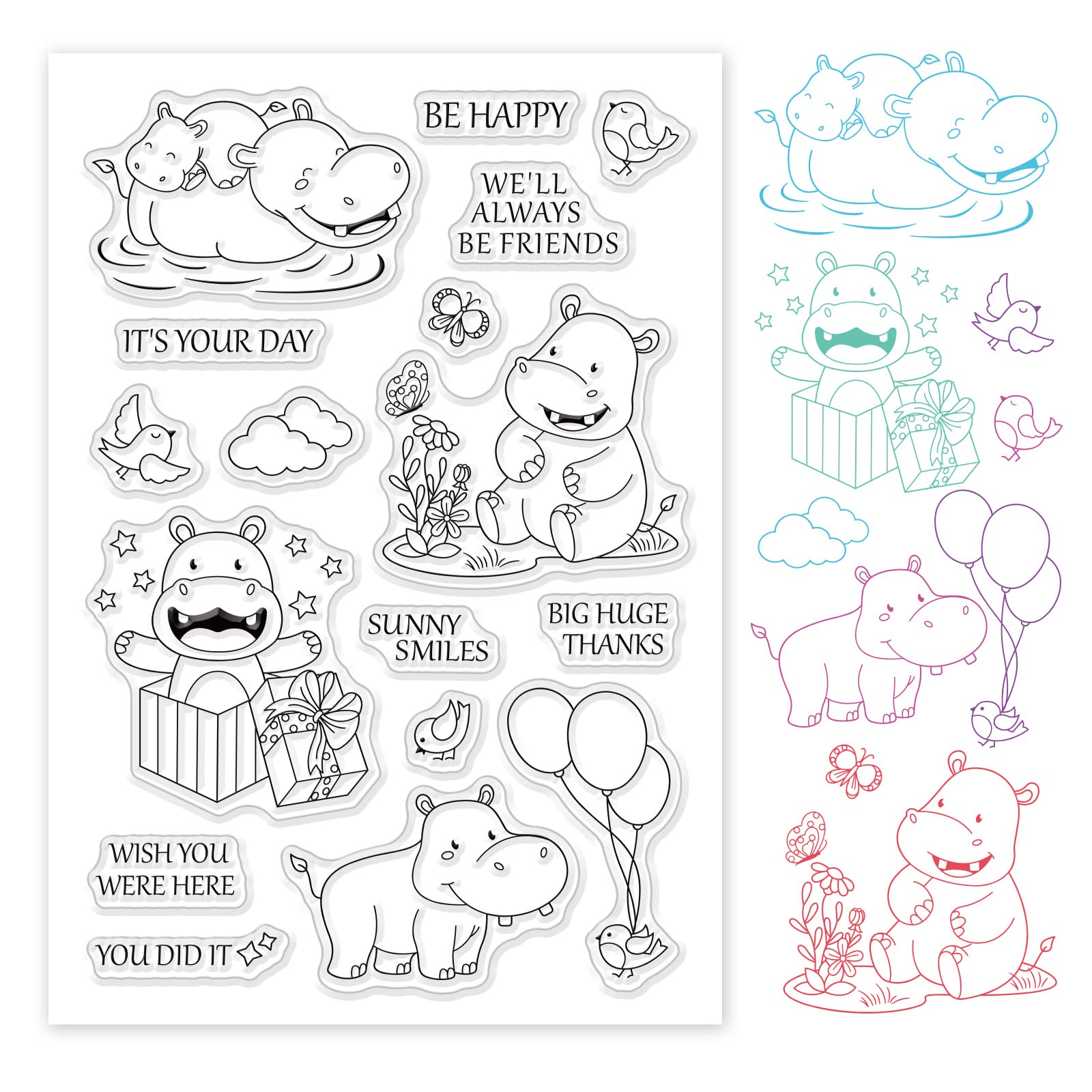 GLOBLELAND Happy Hippo Clear Stamps Friendship Gift Silicone Stamp Seal Transparent Stamp for Card Making Photo Journal Decoration DIY Scrapbooking