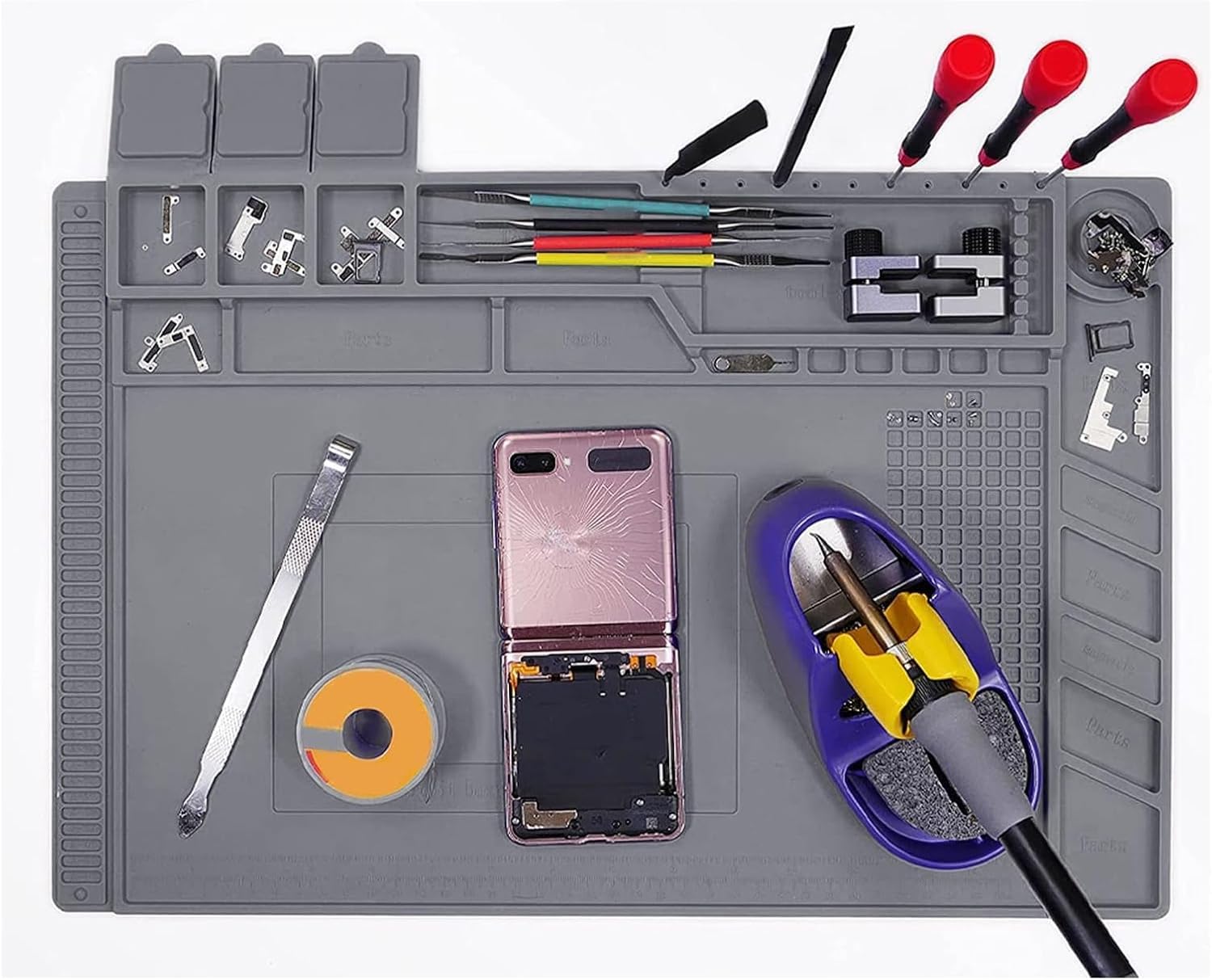 Repair and Soldering Mat, Silicone Soldering Mat Heat Resistant up to 500 °C Workbench Mat Antistatic Soldering Accessories for Soldering, Mobile Phone, Computer, Electronic Repairs, Grey