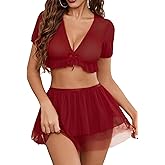 Avidlove Sexy Lingerie for Women Naughty Mesh Top and Mini Skirt 3 Piece Lingerie Outfits Set
